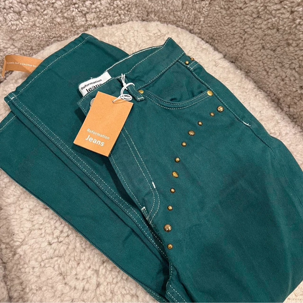 SOLD Reformation Teal Jeans with Gold Accents